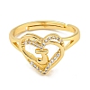 Heart with Letter Rack Plating Brass Micro Pave Clear Cubic Zirconia Adjustable Rings for Women RJEW-I105-01G-J-2