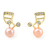 Pearl Pink Natural Pearl Musical Note Stud Earrings with Cubic Zirconia EJEW-T019-05G-1