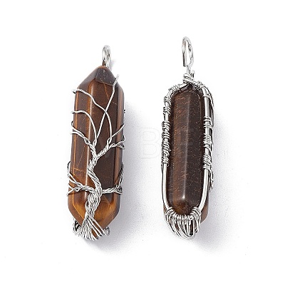 Natural Tiger Eye Copper Wire Wrapped Pendants G-F733-05A-1