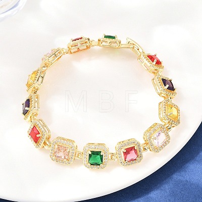 Square Brass Micro Pave Clear Cubic Zirconia and Glass Link Chain Bracelets BJEW-T025-04G-02-1