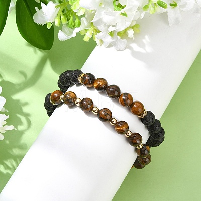 Adjustable Natural Tiger Eye and Natural Lava Rock Stretch Bracelets BJEW-JB14150-02-1