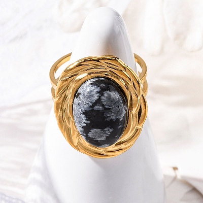 Oval Natural Snowflake Obsidian Finger Rings RJEW-M063-01G-18-1