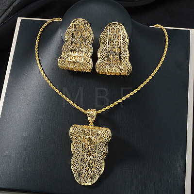 Brass Hollow Leaf Pendant Necklaces & Stud Earrings Sets for Women FS-WG489B7-01-1
