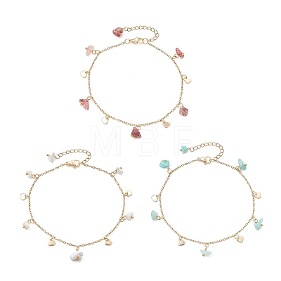 Mixed Gemstone Chip & 201 Stainless Steel Heart Tassel Anklets AJEW-AN00787-1