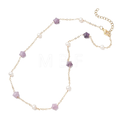 Natural Lepidolite Star & Natural Freshwater Pearl & Brass Link Chain Necklaces NJEW-JN05687-03-1