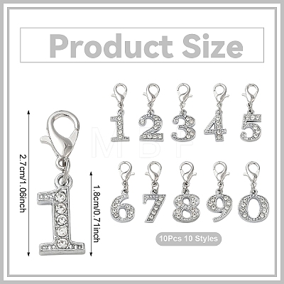 10Pcs 10 Styles Number 0~9 Alloy Rhinestone Pendant Decorations HJEW-YW00549-1