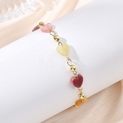 Heart Natural Rose Quartz & Cherry Quartz Glass & Rhodonite & Crazy Agate & Synthetic Goldstone Beaded Link Chain Bracelets for Women BJEW-JB13910-1