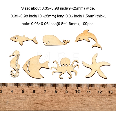 100Pcs Sea Theme Wood Canochons WOOD-CJ0001-61-1