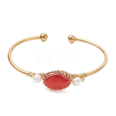 Wire Wrapped Natural Agate Cuff Bangles BJEW-TA00742-02-1