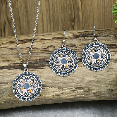 Flower Alloy Enamel Pendant Necklaces & Dangle Earrings Sets WG8932C-04-1