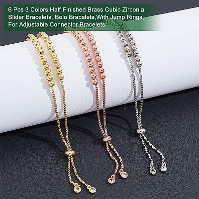  6Pcs 3 Colors Half Finished Brass Cubic Zirconia Slider Bracelets ZIRC-NB0002-02-1