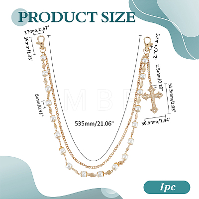 1Pc Alloy & Iron & Round White Imitation Pearl Link Chain Double Layer Cross Charm Pants Chains HJEW-ME0002-24-1