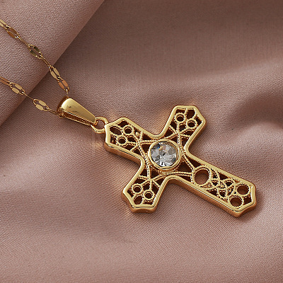 Vintage 304 Stainless Steel Pave Clear Cubic Zirconia Religion Filigree Cross Pendant Necklaces NA2735-1
