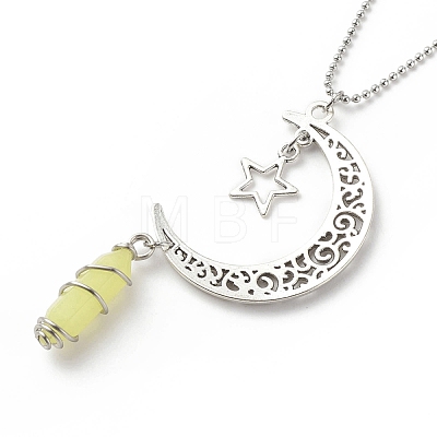 Natural Lemon Jade Bullet with Alloy Moon and Star Pendant Necklace NJEW-JN03912-03-1
