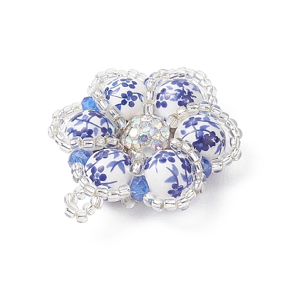 Handmade Blue and White Floral Printed Porcelain Bead Flower Pendants PALLOY-MZ01189-1