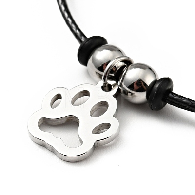 304 Stainless Steel Paw Print Charm Bracelet with Waxed Cord for Women BJEW-A125-18-1