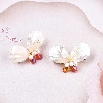 Natural White Shell & Pearl Butterfly Brooch Pin JEWB-T004-01G-1