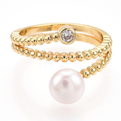 Natural Pearl Double Lines Finger Ring with Rhinestone PEAR-N020-06J-1