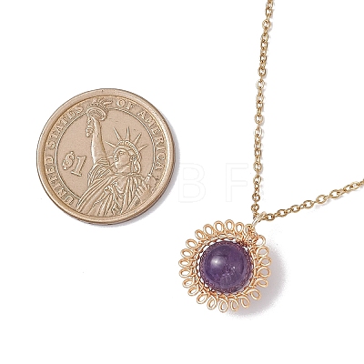 Natural Amethyst & Green Aventurine & Rose Quartz & Lapis Lazuli & Carnelian Copper Wire Wrapped Flower Pendant 304 Stainless Steel Cable Chain Necklaces for Women NJEW-JN05616-1