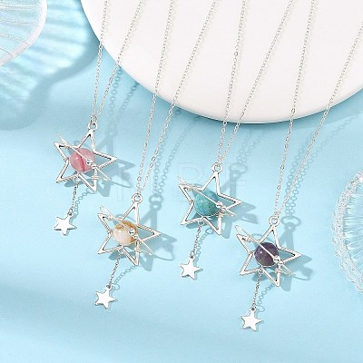 4Pcs 4 Styles Natural Amethyst & Dyed Green Jade & Hemimorphite & Heated Citrine Alloy Star Pendant Necklaces for Women NJEW-TA00273-1