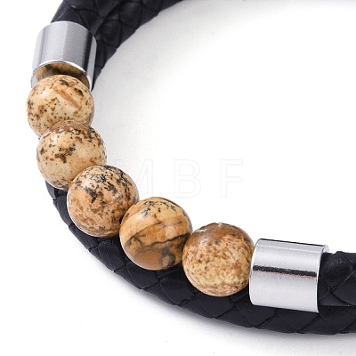 Mixed Stone Round Bead Leather Cord Multi-strand Bracelets BJEW-A009-10P-1