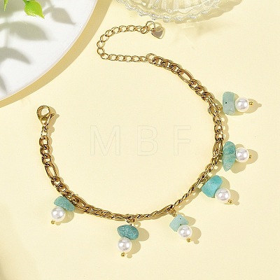 Natural Amazonite Chip and Shell Pearl Beads Tassel 304 Stainless Steel Figaro Chain Bracelets BJEW-JB14346-02-1