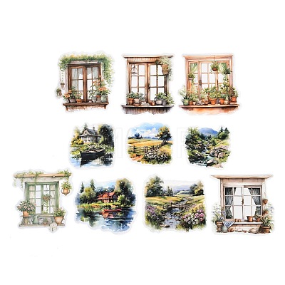 10Pcs 10 Styles Window Scenery Waterproof PET Stickers DIY-G121-01B-1