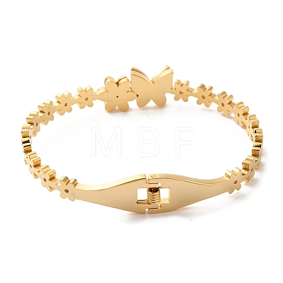 Adjustable Butterfly with Flower Vacuum Plating 304 Stainless Steel Bangles for Women BJEW-F474-20G-1