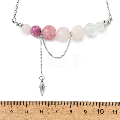 Natural Rose Quartz & Dyed Imperial Jasper & Quartz Crystal & Green Jade Round Graduated Beaded Pendant 304 Stainless Steel Cable Chain Necklaces for Women NJEW-TA00242-04-1