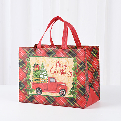 Christmas Theme Tartan Non-woven Fabric Gift Tote Bags with Handle ABAG-G017-01B-1