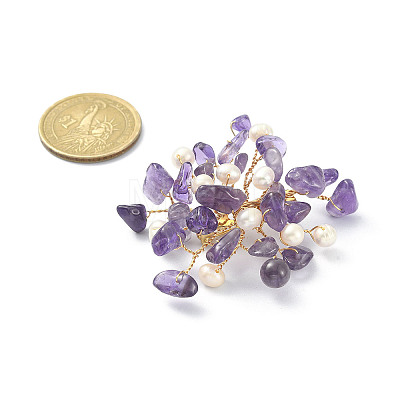 Natural Mixed Gemstone Chips & Pearl Beaded Flower Brooch Pin JEWB-BR00098-1
