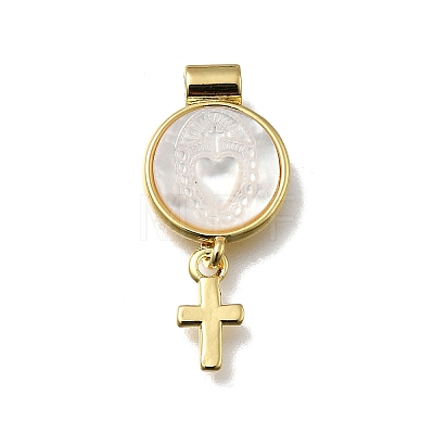 Brass Pave Natural White Shell Flat Round with Cross Pendants KK-C090-40G-04-1