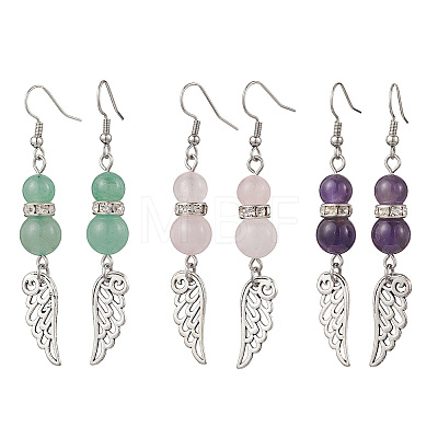 Natural Amethyst & Natural Green Aventurine & Natural Rose Quartz Wing Dangle Earrings EJEW-TA00684-1