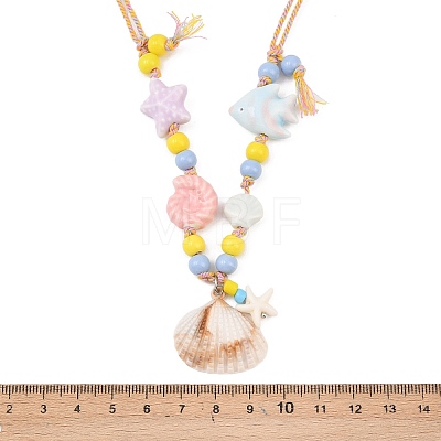 Ceramics Starfish Fish & Resin Shell Shape Pendant Adjustable Cotton Cord Necklaces for Women NJEW-Z100-01A-G-1