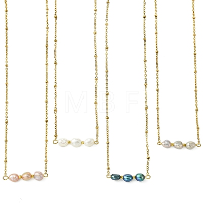 Natural Pearl Two Sides Polished Beaded Pendant 304 Stainless Steel Satellite Chain Necklaces for Women NJEW-JN06224-1