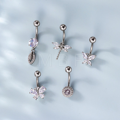 316L Surgical Stainless Steel Clear Cubic Zirconia Curved Barbell Belly Rings WG7644D-06-1