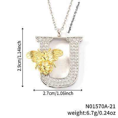Brass Micro Pave Clear Cubic Zirconia Bee Initial Pendant Necklaces FS-WGF5E80-21-1