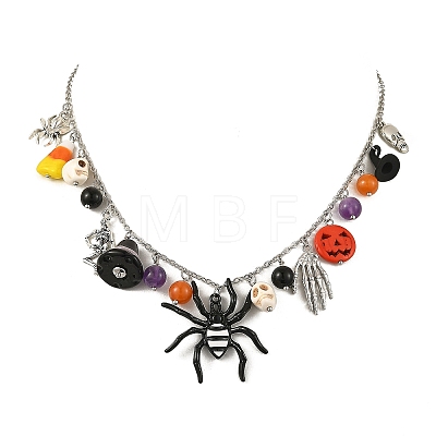 Halloween Alloy Spider Skeleton and Round Natural Gemstone Multi Pendant Bib Necklaces for Women NJEW-TA00276-1