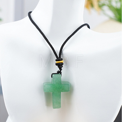 Natural Green Aventurine Cross Pendant Black Cotton Cord Necklaces FS-WG3ED65-08-1