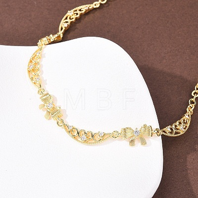 Brass Pave Clear Cubic Zirconia Bowknot and Hollow Moon Link Chain Necklaces NJEW-D348-02G-1