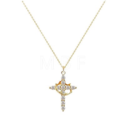 Crown Cross Brass Micro Pave Clear Cubic Zirconia Pendant Necklaces for Women FS-WGD6F49-01-1