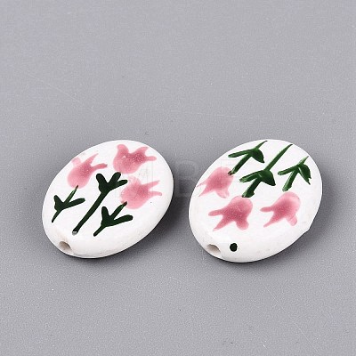 Hand Painted Tulip Flower Oval Porcelain Beads PORC-N012-11B-1