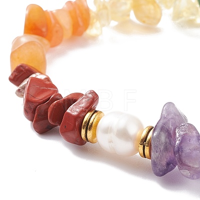 Mixed Gemstone Chips Beaded Stretch Bracelet with Natural Pearl BJEW-JB08166-02-1