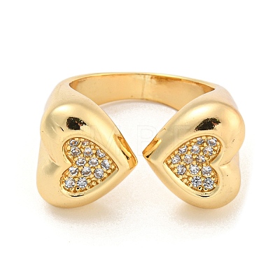 Brass Micro Pave Clear Cubic Zirconia Heart Open Cuff Rings for Women RJEW-L121-043G-1