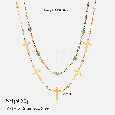 304 Stainless Steel Cross Link Chain Double Layer Necklaces for Women WGC9DBF-01-1