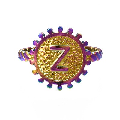 Rainbow Color 304 Stainless Steel Flat Round with Initial Cuff Ring RJEW-S405-139-1
