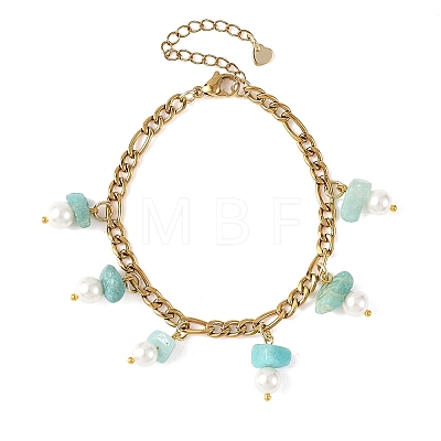 Natural Amazonite Chip and Shell Pearl Beads Tassel 304 Stainless Steel Figaro Chain Bracelets BJEW-JB14346-02-1