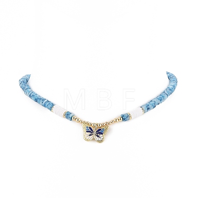 Brass Butterfly Pendant Necklace with Polymer Clay Heishi Beaded Chainsi for Women NJEW-JN04166-1