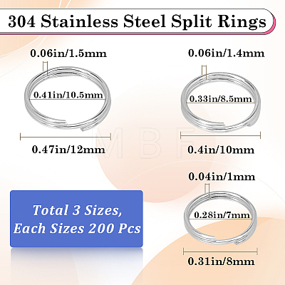 SOFPLATE 600Pcs 3 Styles 304 Stainless Steel Split Rings STAS-SP0001-64-1