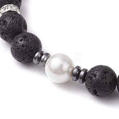 Round Natural Lava Rock & Cat Eye Beads Stretch Bracelets for Women BJEW-JB10986-1